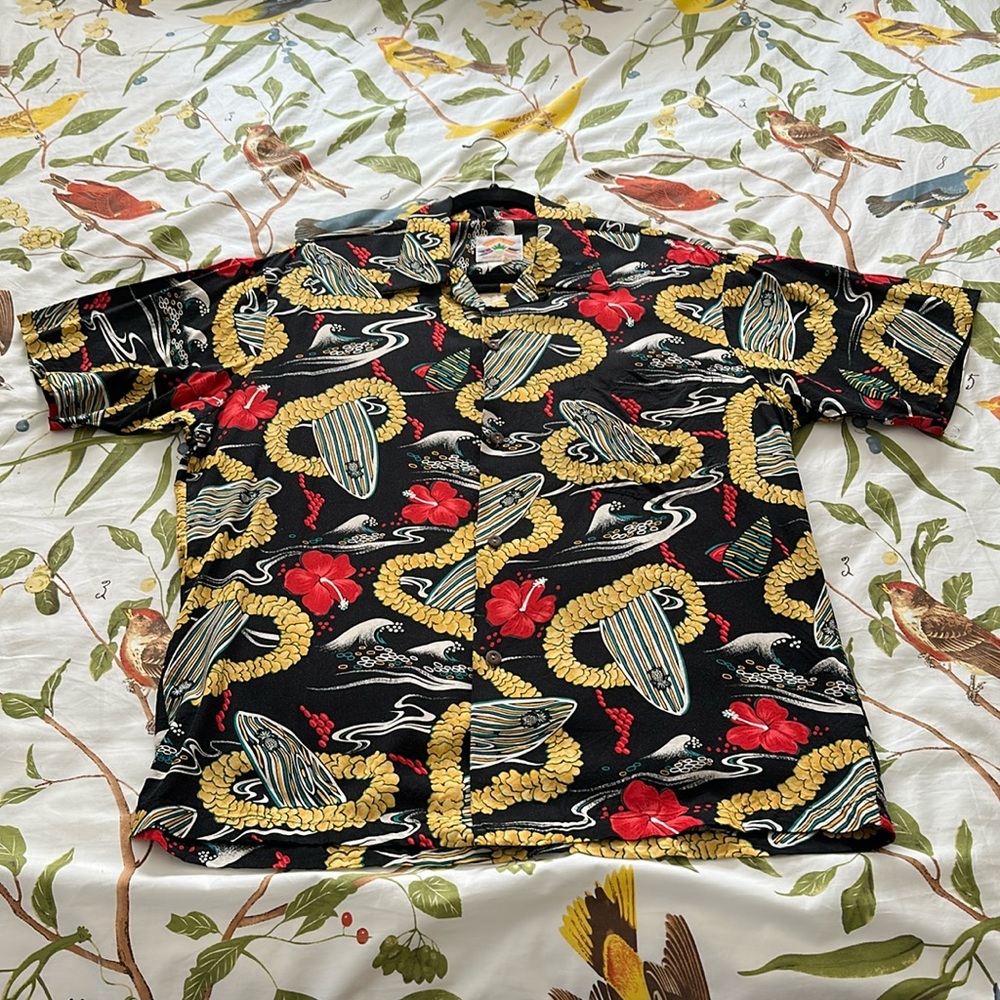 Vintage Hawaiian shirt, L, surfboards leis waves